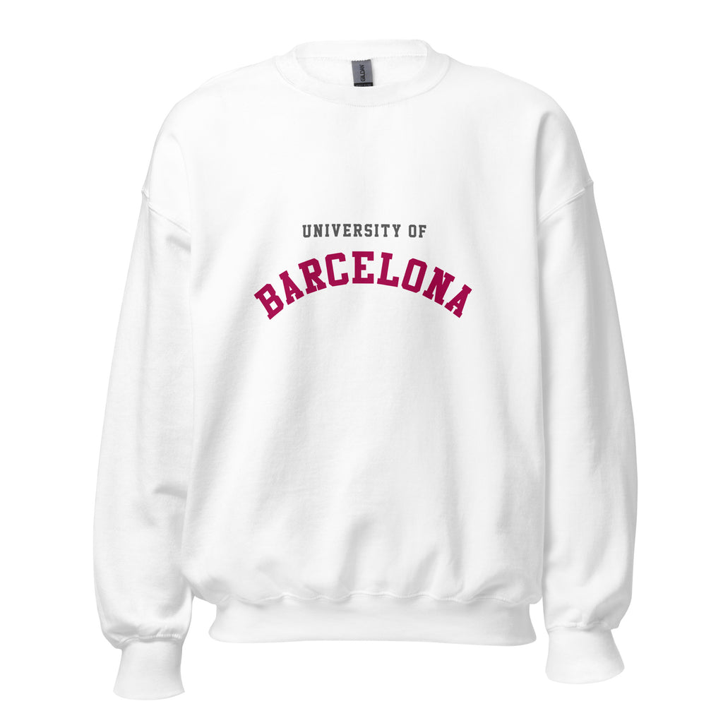 Unisex heather gray sweatshirt featuring University of Barcelona logo printed across the front chest