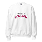 Unisex heather gray sweatshirt featuring University of Barcelona logo printed across the front chest