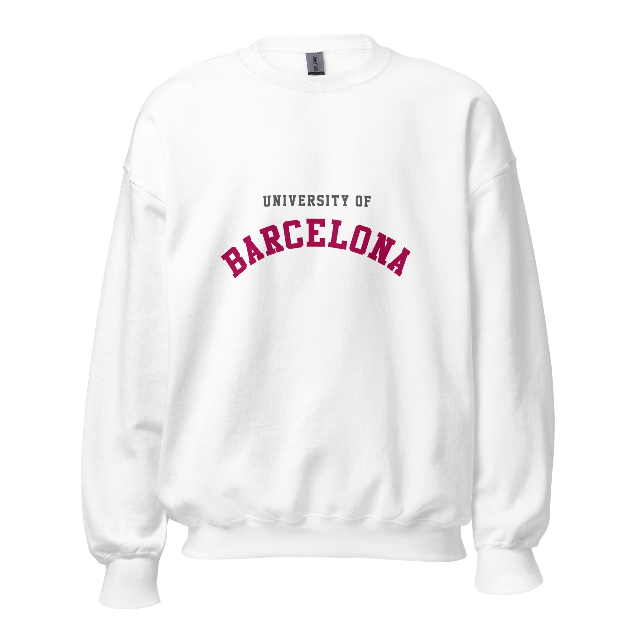 Unisex heather gray sweatshirt featuring University of Barcelona logo printed across the front chest