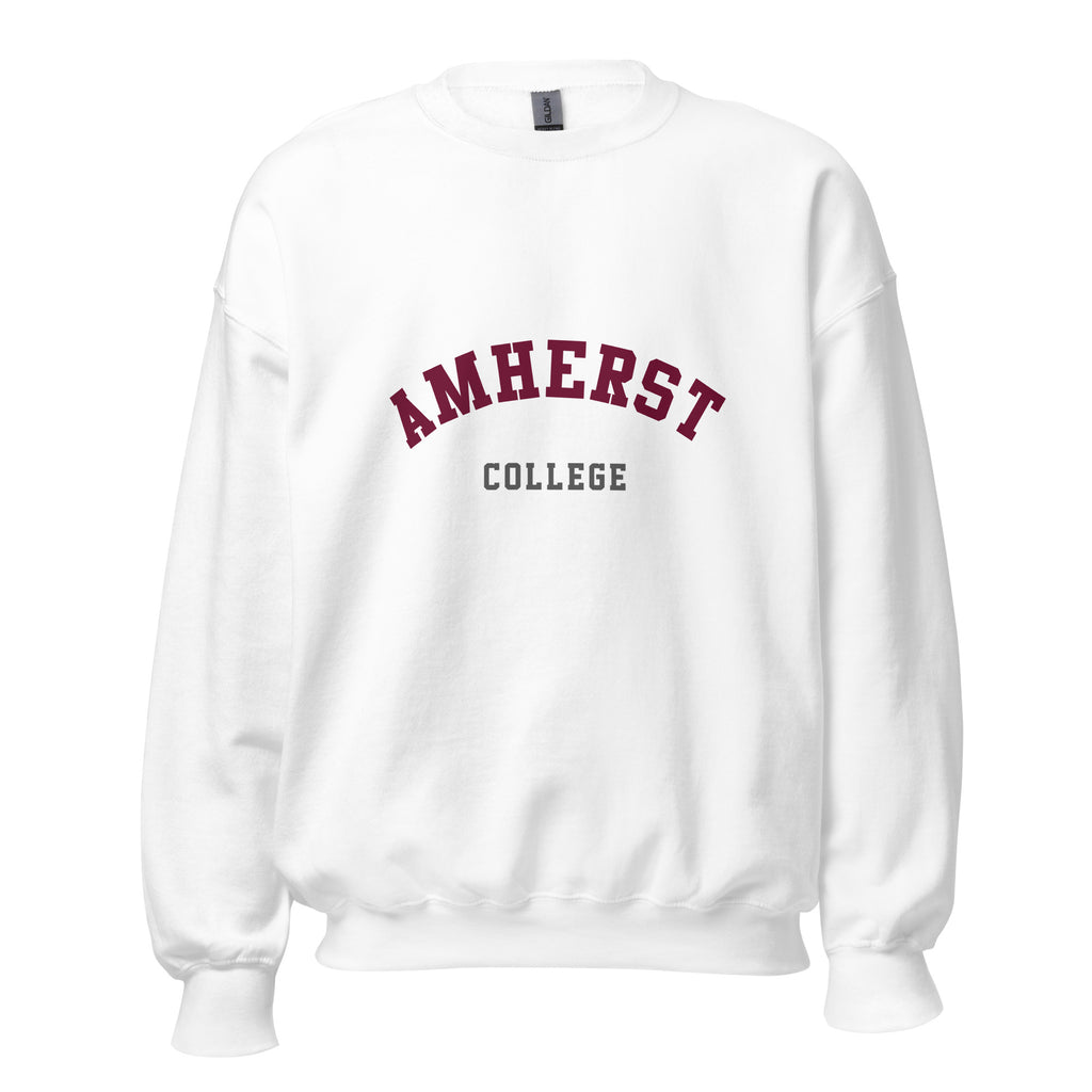 Unisex heather gray sweatshirt featuring Amherst College logo printed across the front chest