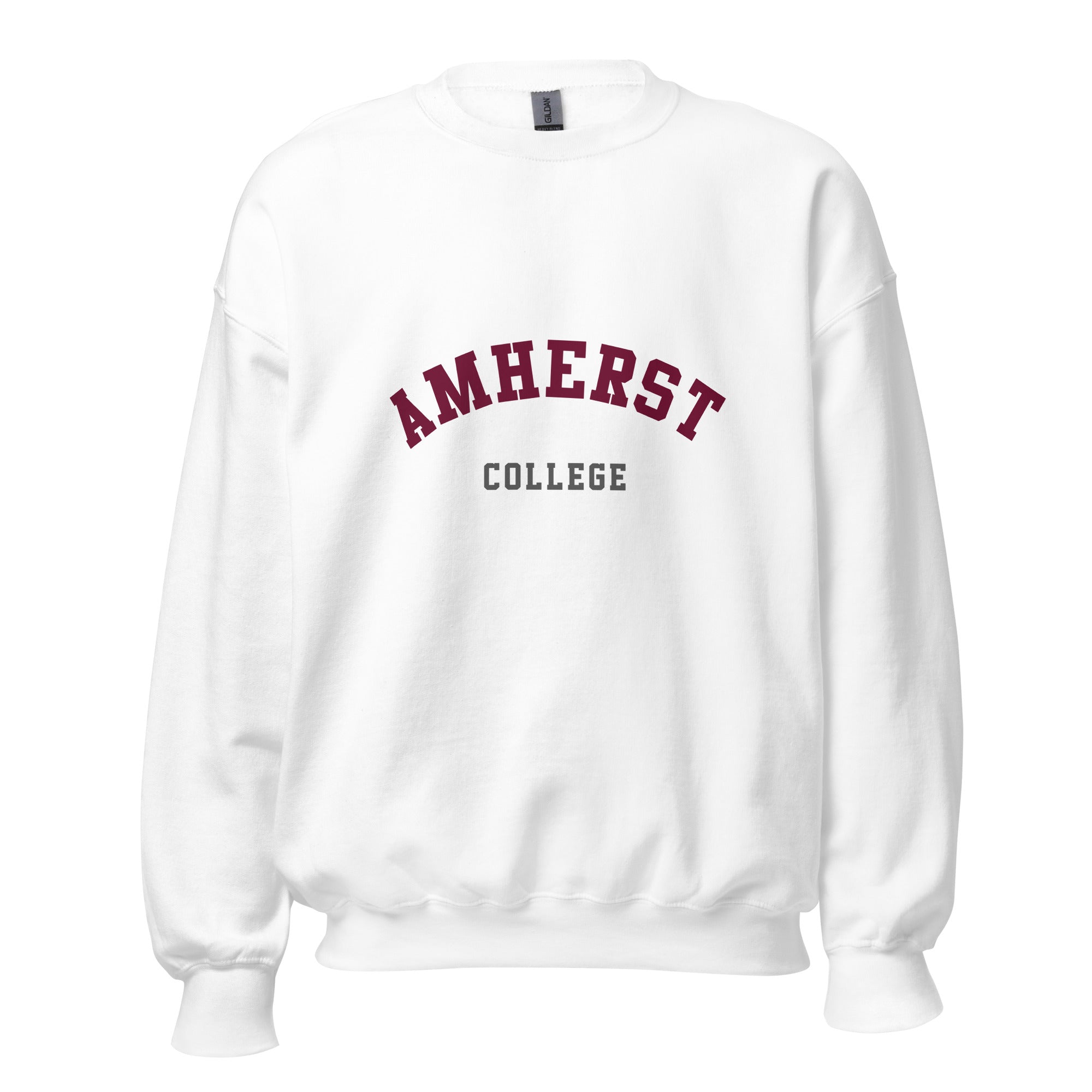 Unisex heather gray sweatshirt featuring Amherst College logo printed across the front chest