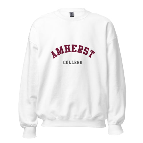 Unisex heather gray sweatshirt featuring Amherst College logo printed across the front chest