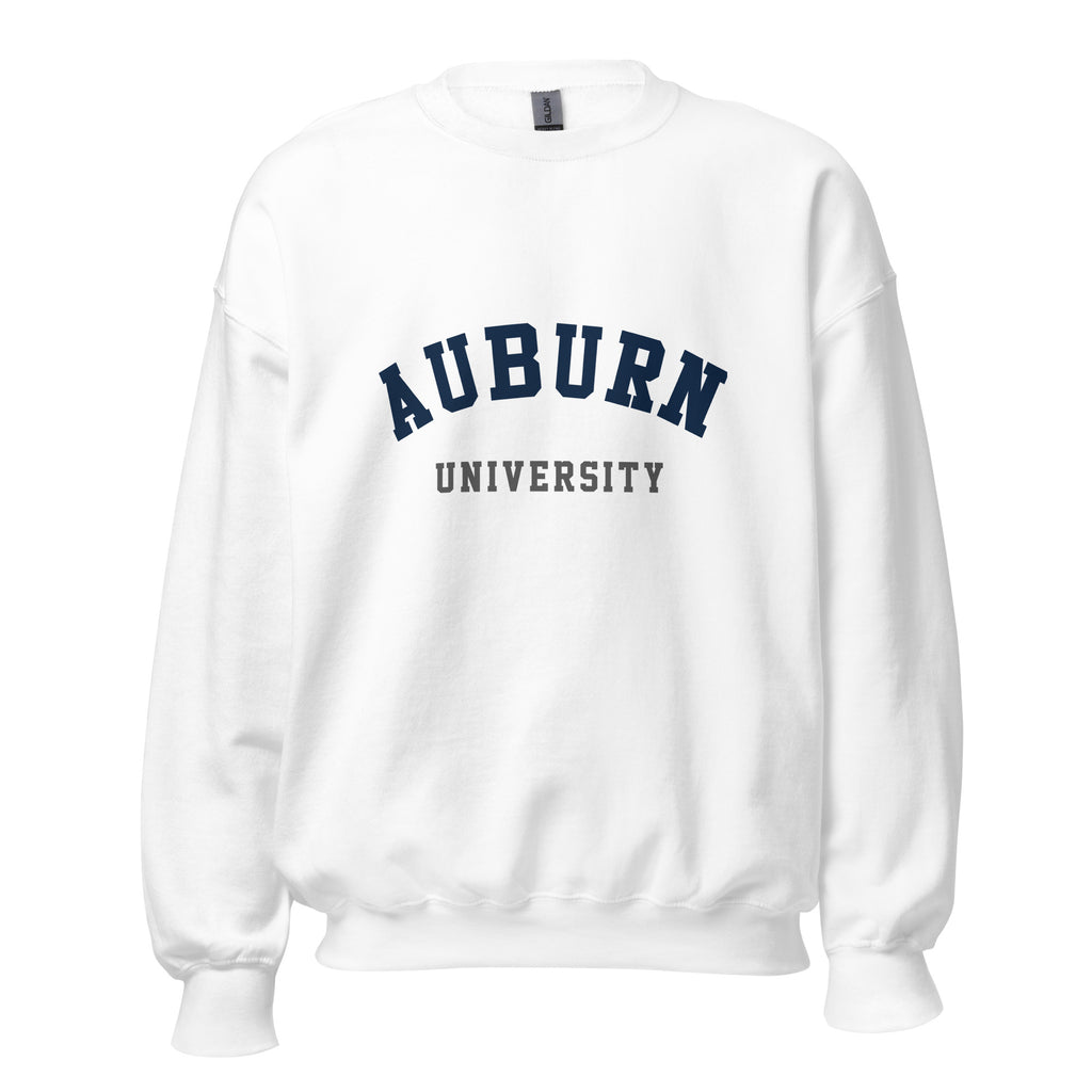Unisex heather gray sweatshirt featuring Auburn University logo printed across the front chest