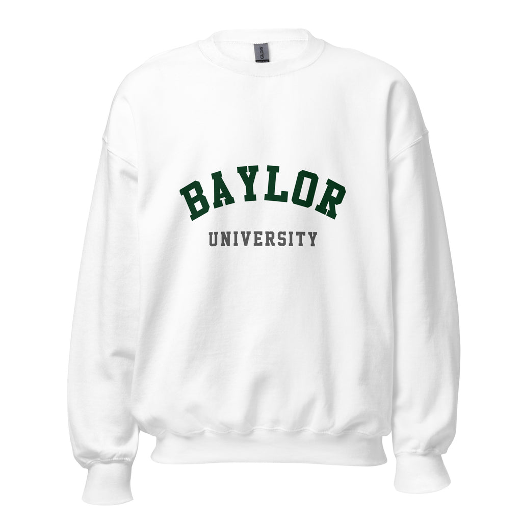 Unisex heather gray sweatshirt featuring Baylor University logo printed across the front chest
