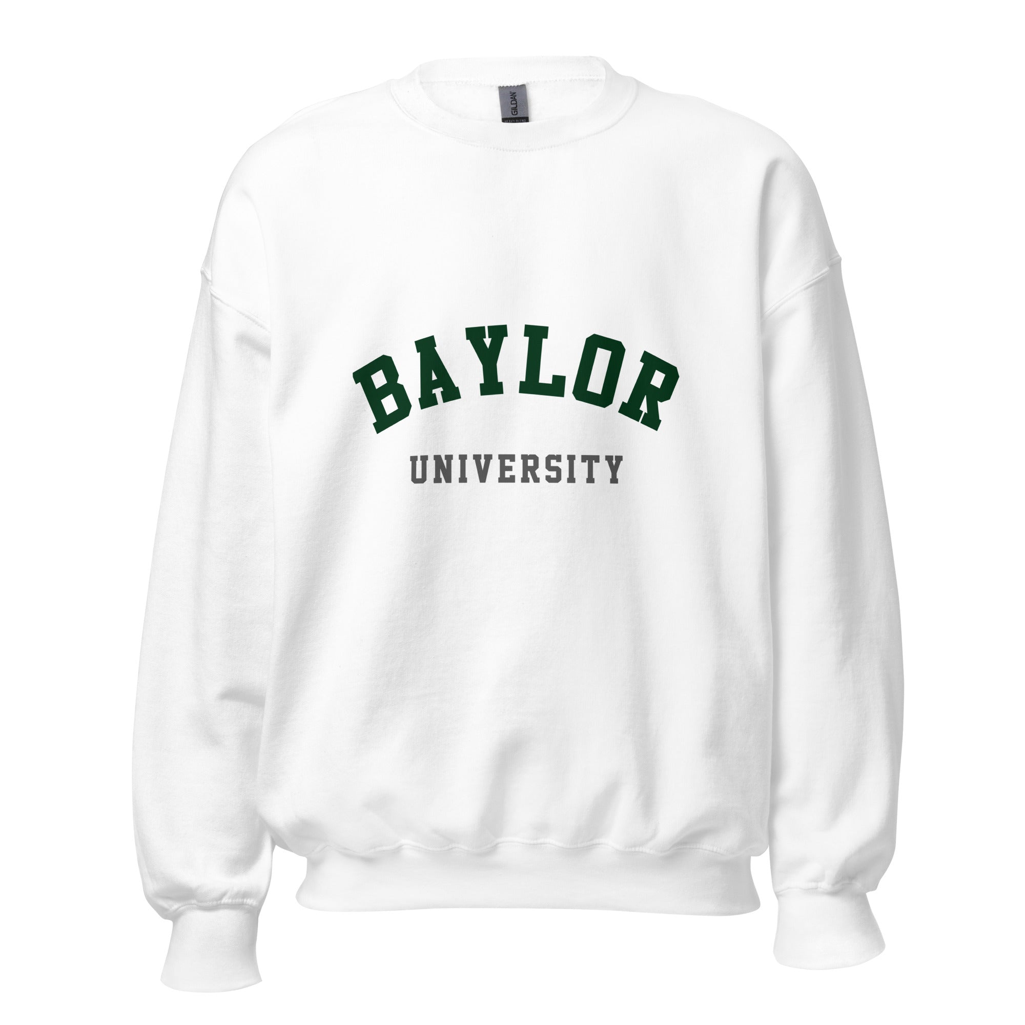 Unisex heather gray sweatshirt featuring Baylor University logo printed across the front chest