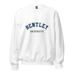 Unisex heather gray sweatshirt featuring Bentley University logo printed across the front chest