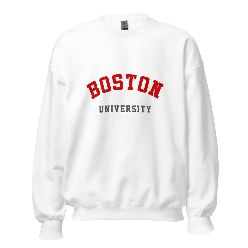Unisex heather gray sweatshirt featuring Boston University logo printed across the front chest