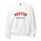 Unisex heather gray sweatshirt featuring Boston University logo printed across the front chest