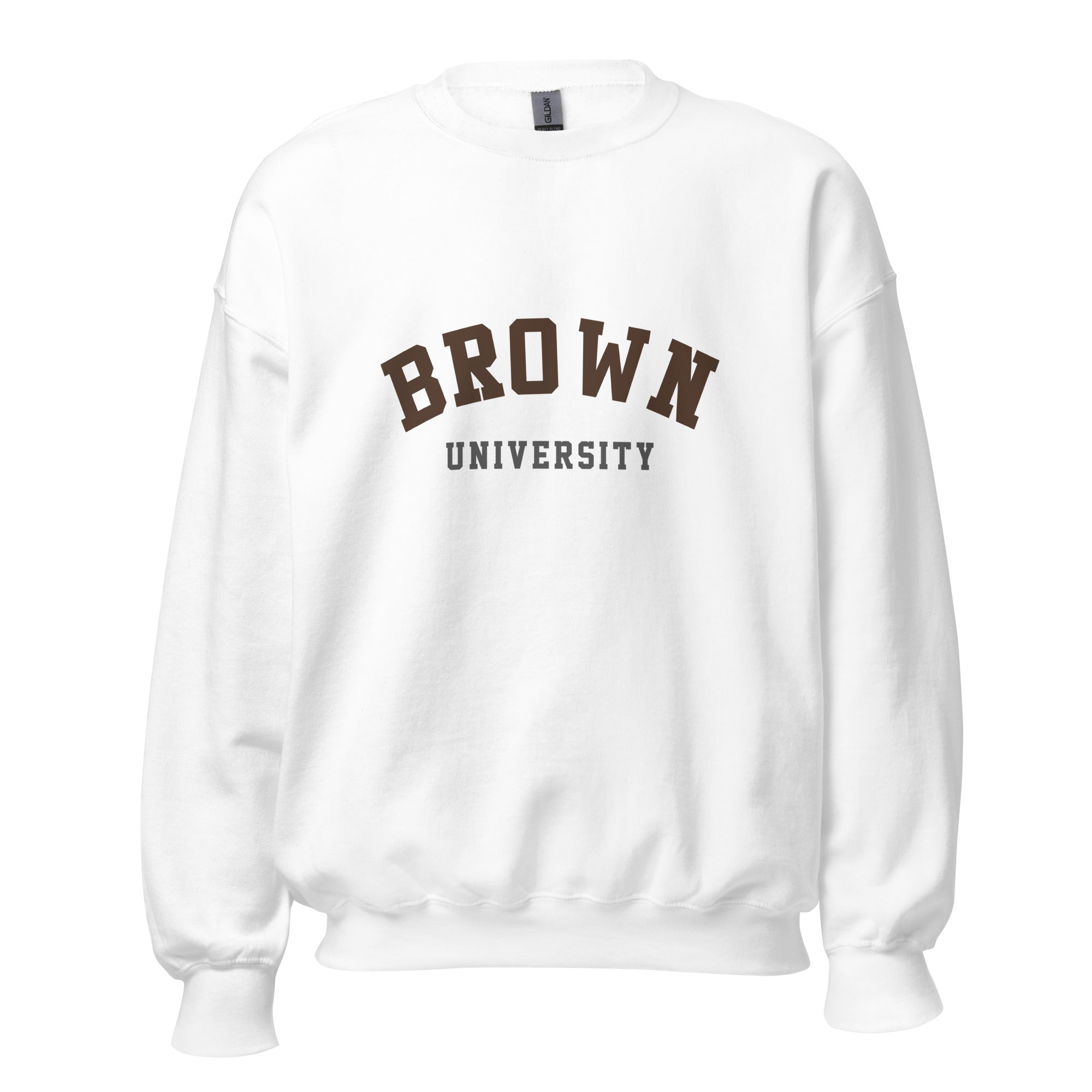 Unisex heather gray sweatshirt featuring Brown University logo printed across the front chest