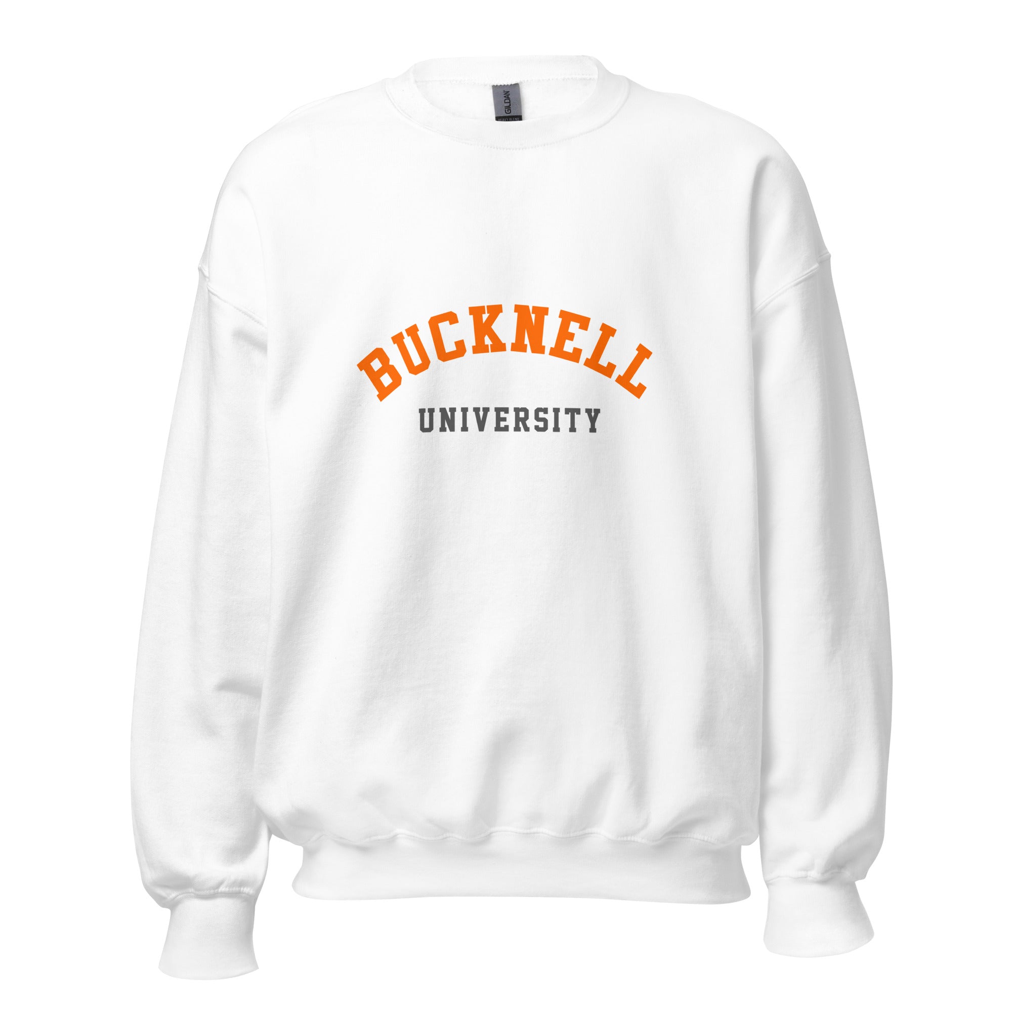 Unisex heather gray sweatshirt featuring Bucknell University logo printed across the front chest