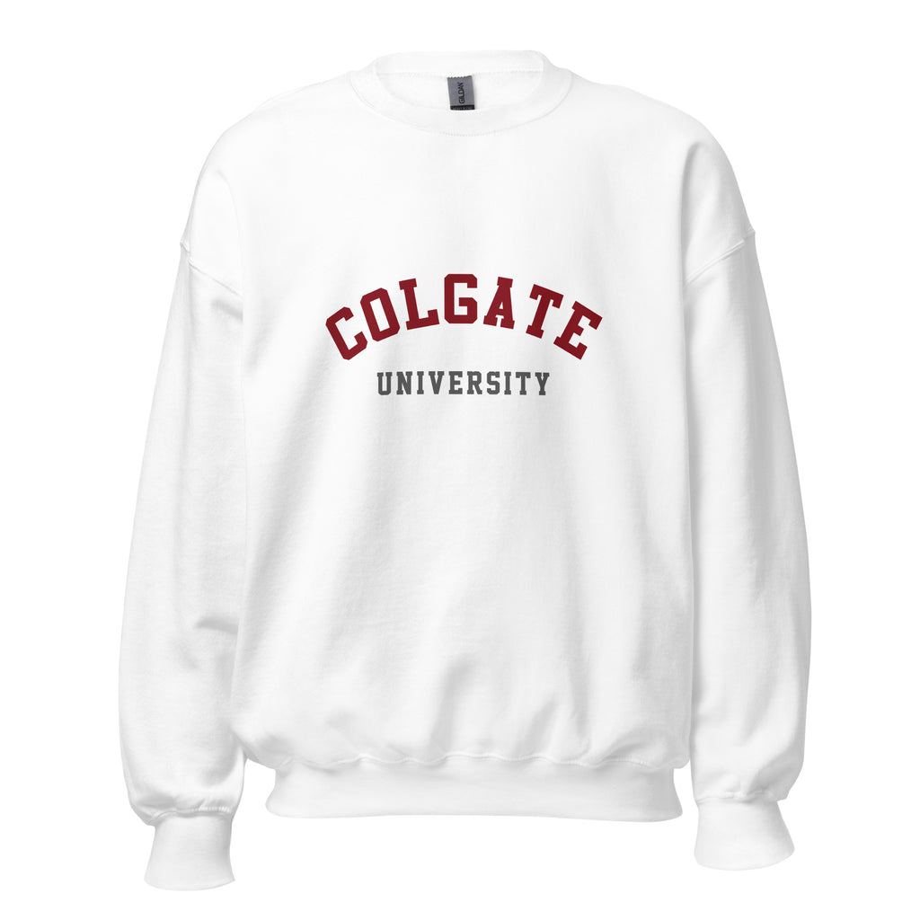 Unisex heather gray sweatshirt featuring Colgate University logo printed across the front chest
