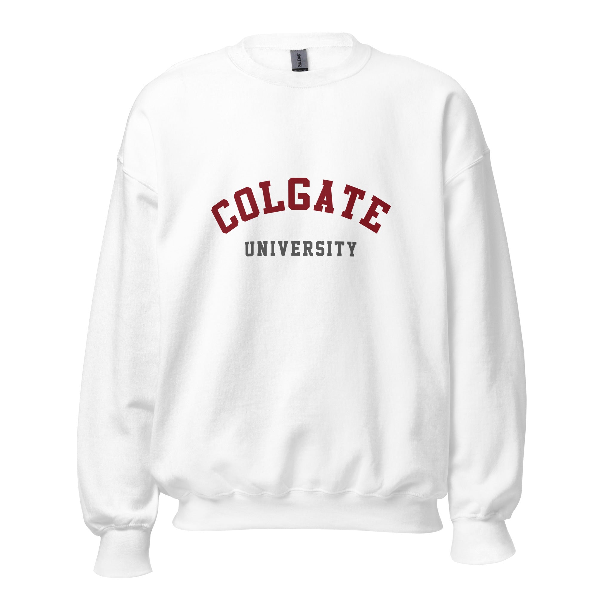 Unisex heather gray sweatshirt featuring Colgate University logo printed across the front chest