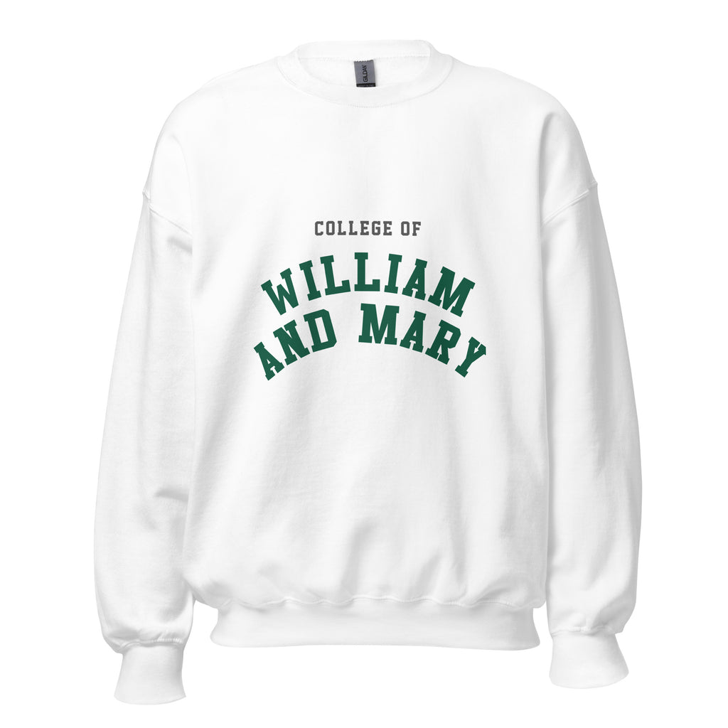 Unisex heather gray sweatshirt featuring College of William & Mary logo printed across the front chest