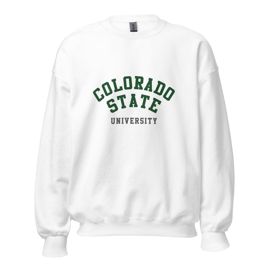 Unisex heather gray sweatshirt featuring Colorado State University logo printed across the front chest