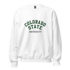 Unisex heather gray sweatshirt featuring Colorado State University logo printed across the front chest