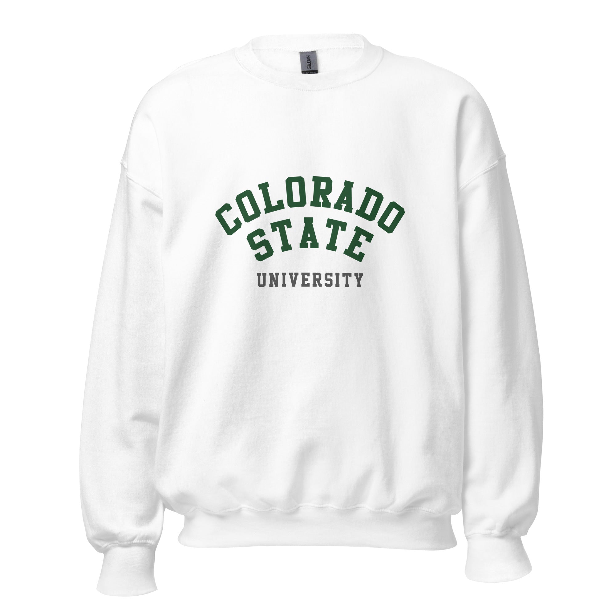 Unisex heather gray sweatshirt featuring Colorado State University logo printed across the front chest
