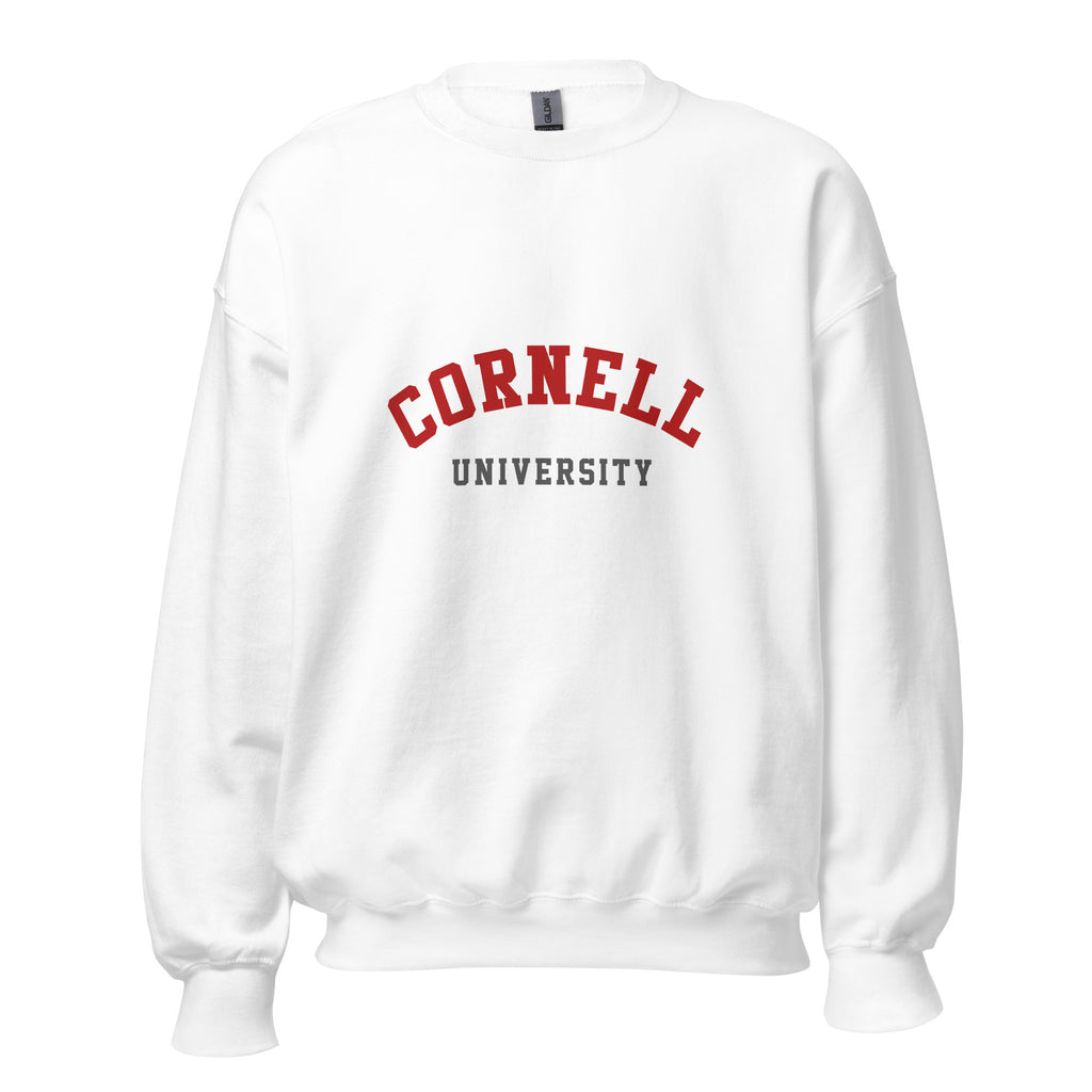 Unisex heather gray sweatshirt featuring Cornell University logo printed across the front chest