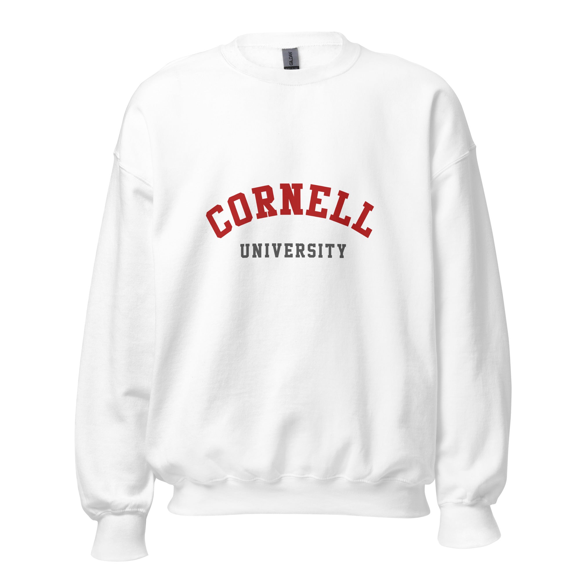Unisex heather gray sweatshirt featuring Cornell University logo printed across the front chest