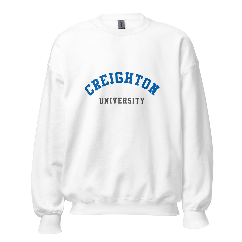 Unisex heather gray sweatshirt featuring Creighton University logo printed across the front chest