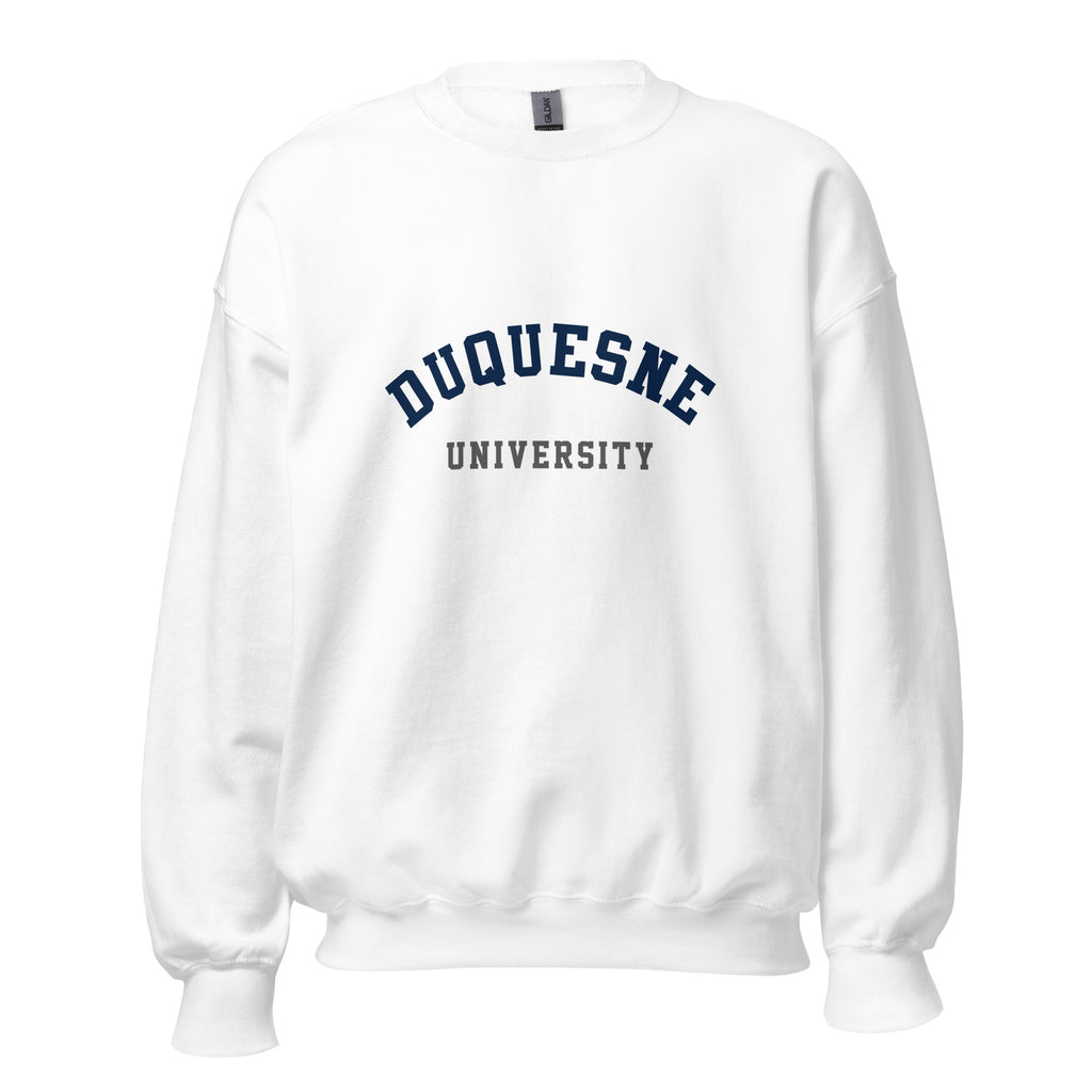 Unisex heather gray sweatshirt featuring Duquesne University logo printed across the front chest