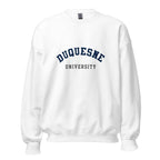 Unisex heather gray sweatshirt featuring Duquesne University logo printed across the front chest