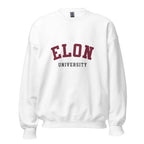 Unisex heather gray sweatshirt featuring Elon University logo printed across the front chest