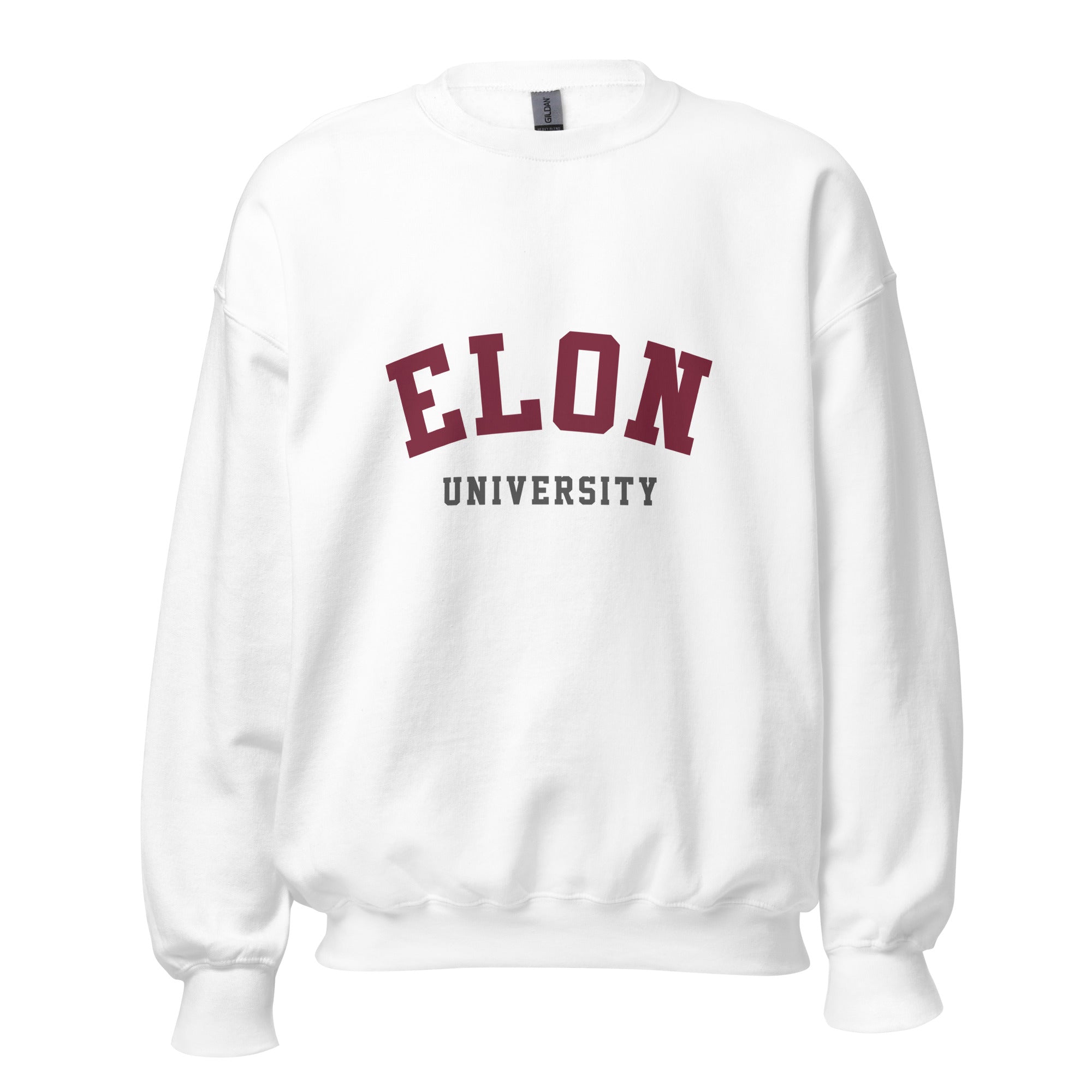 Unisex heather gray sweatshirt featuring Elon University logo printed across the front chest