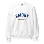 Unisex heather gray sweatshirt featuring Emory University logo printed across the front chest