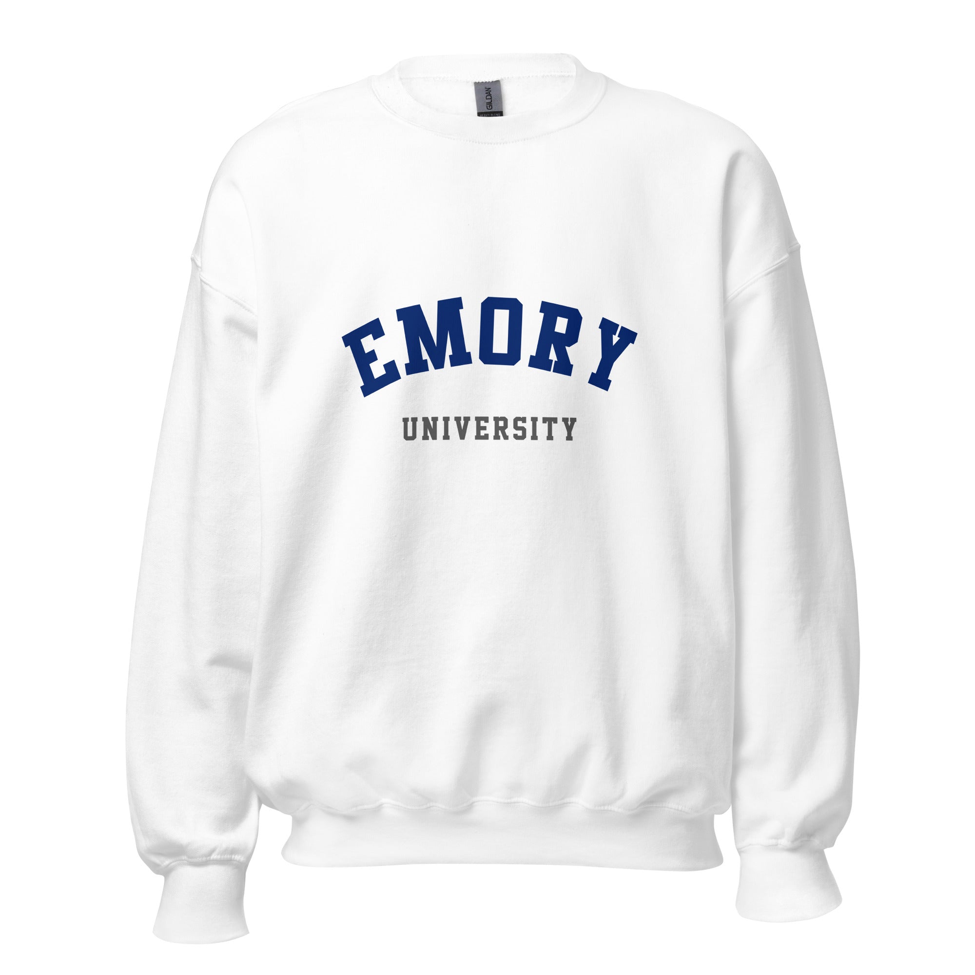 Unisex heather gray sweatshirt featuring Emory University logo printed across the front chest