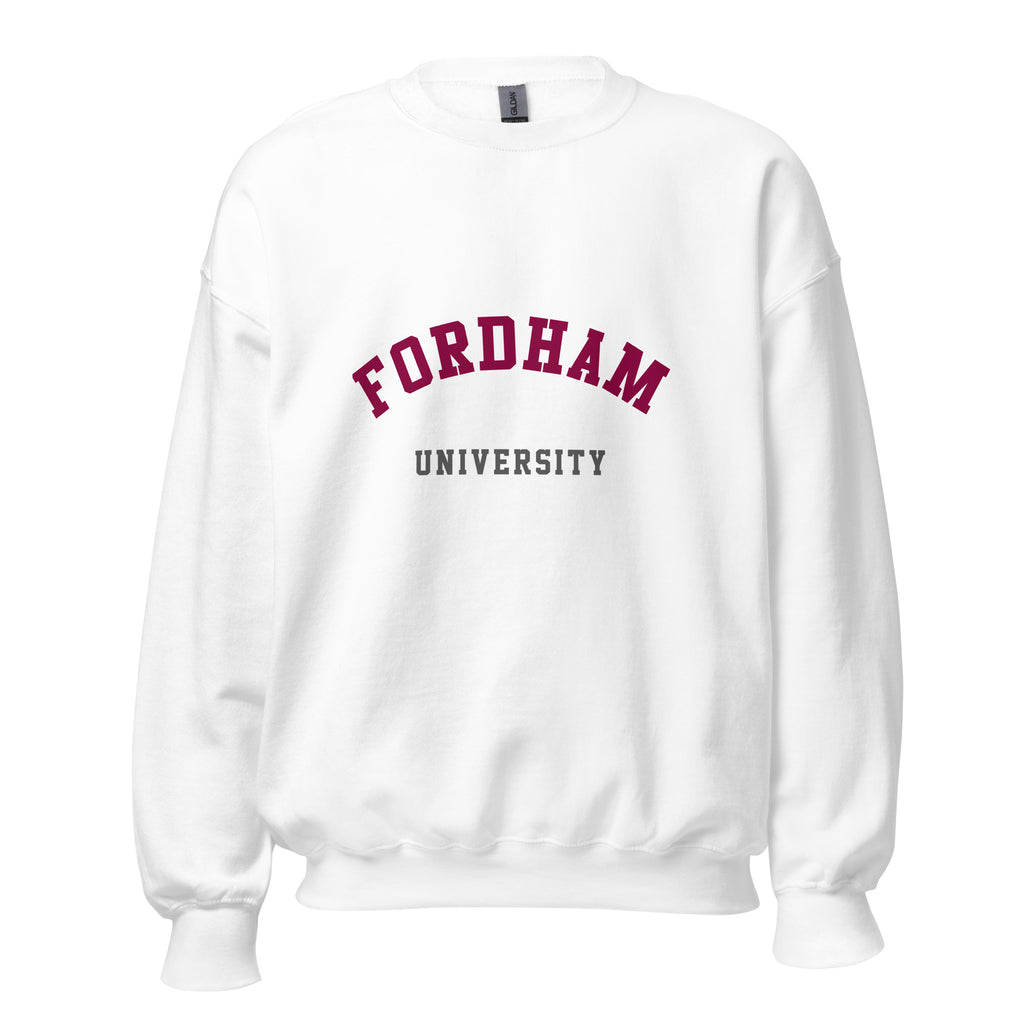 Unisex heather gray sweatshirt featuring Fordham University logo printed across the front chest
