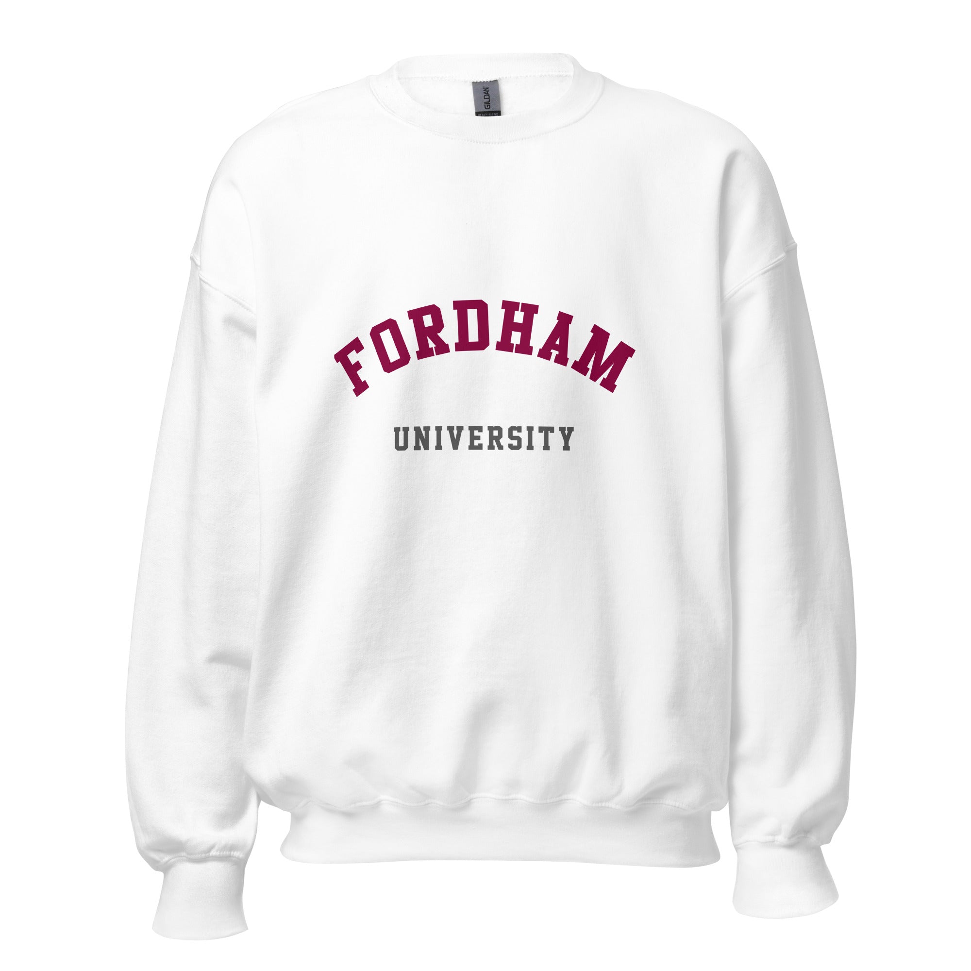 Unisex heather gray sweatshirt featuring Fordham University logo printed across the front chest