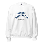 Unisex heather gray sweatshirt featuring George Washington University logo printed across the front chest