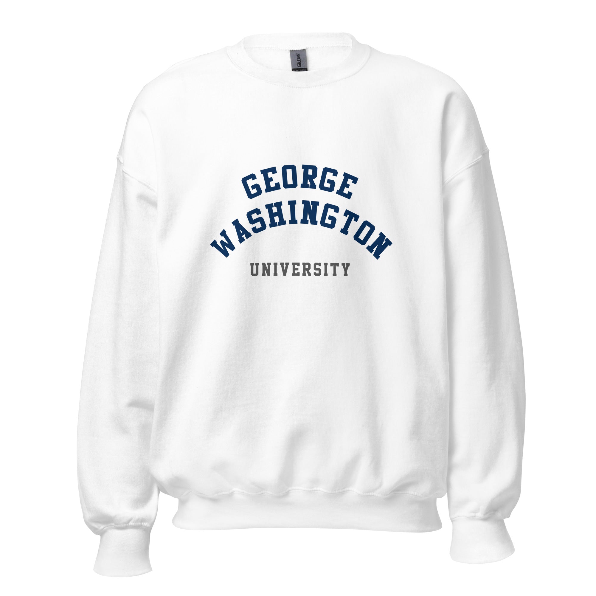 Unisex heather gray sweatshirt featuring George Washington University logo printed across the front chest