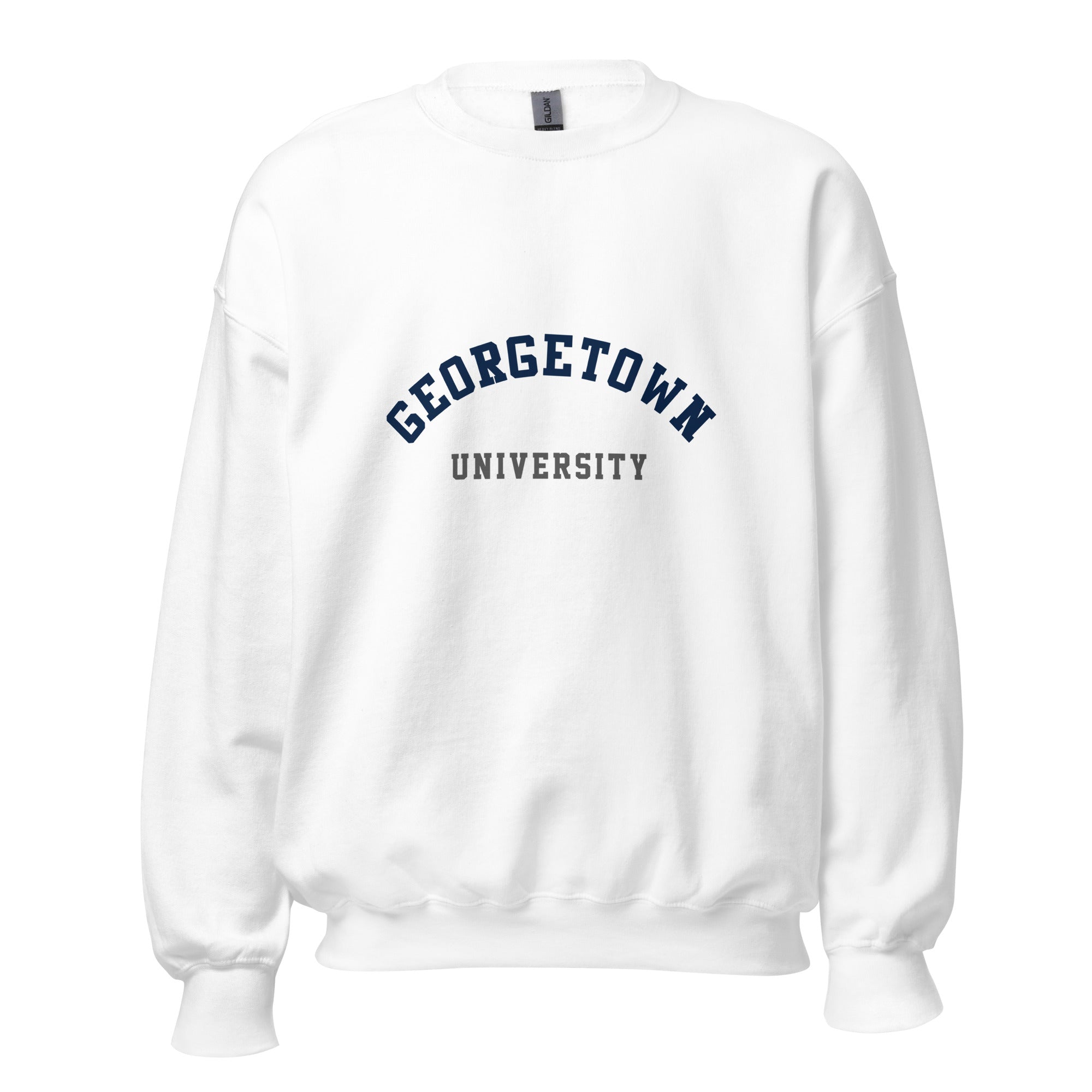 Unisex heather gray sweatshirt featuring Georgetown University logo printed across the front chest