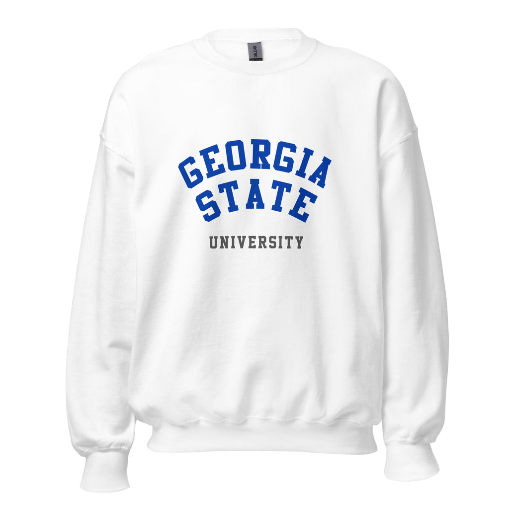 Unisex heather gray sweatshirt featuring Georgia State University logo printed across the front chest
