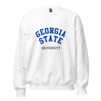 Unisex heather gray sweatshirt featuring Georgia State University logo printed across the front chest
