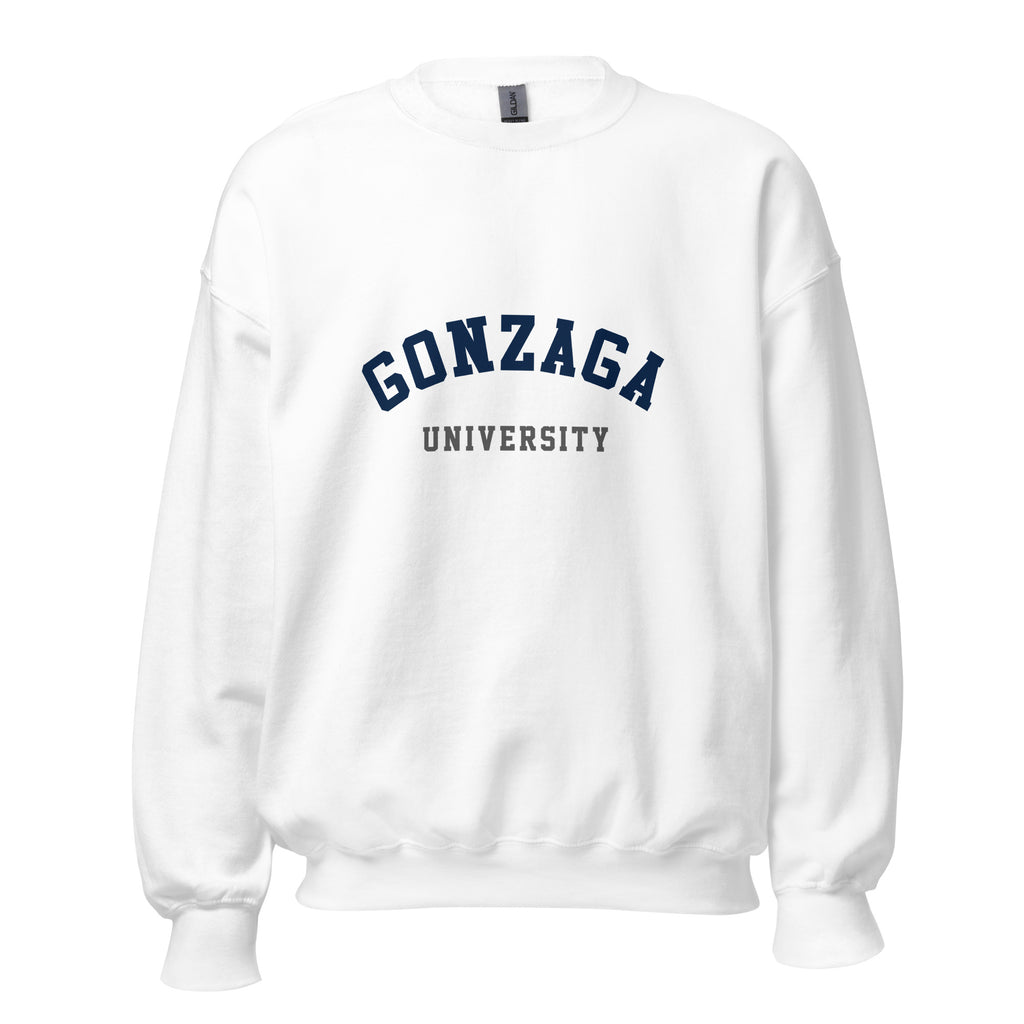 Unisex heather gray sweatshirt featuring Gonzaga University logo printed across the front chest
