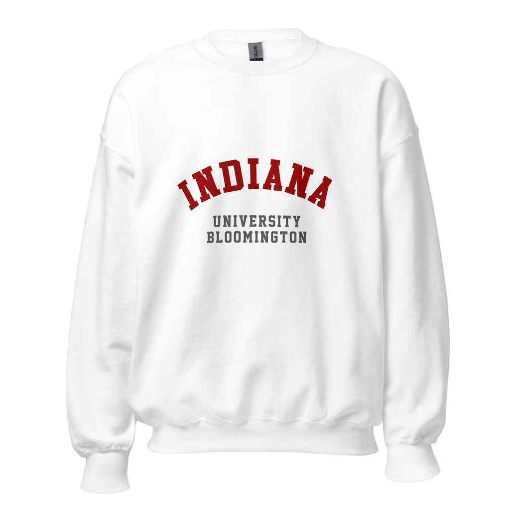 Unisex heather gray sweatshirt featuring Indiana University Bloomington logo printed across the front chest