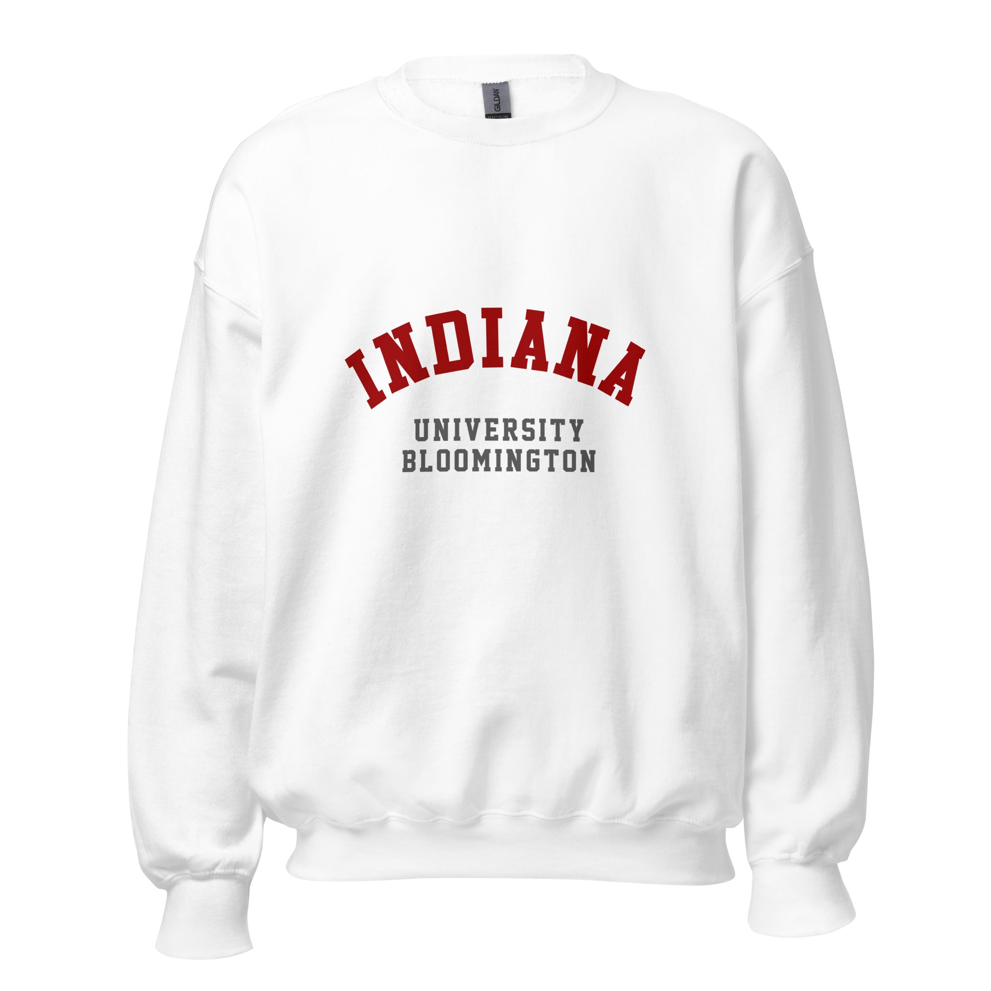 Unisex heather gray sweatshirt featuring Indiana University Bloomington logo printed across the front chest
