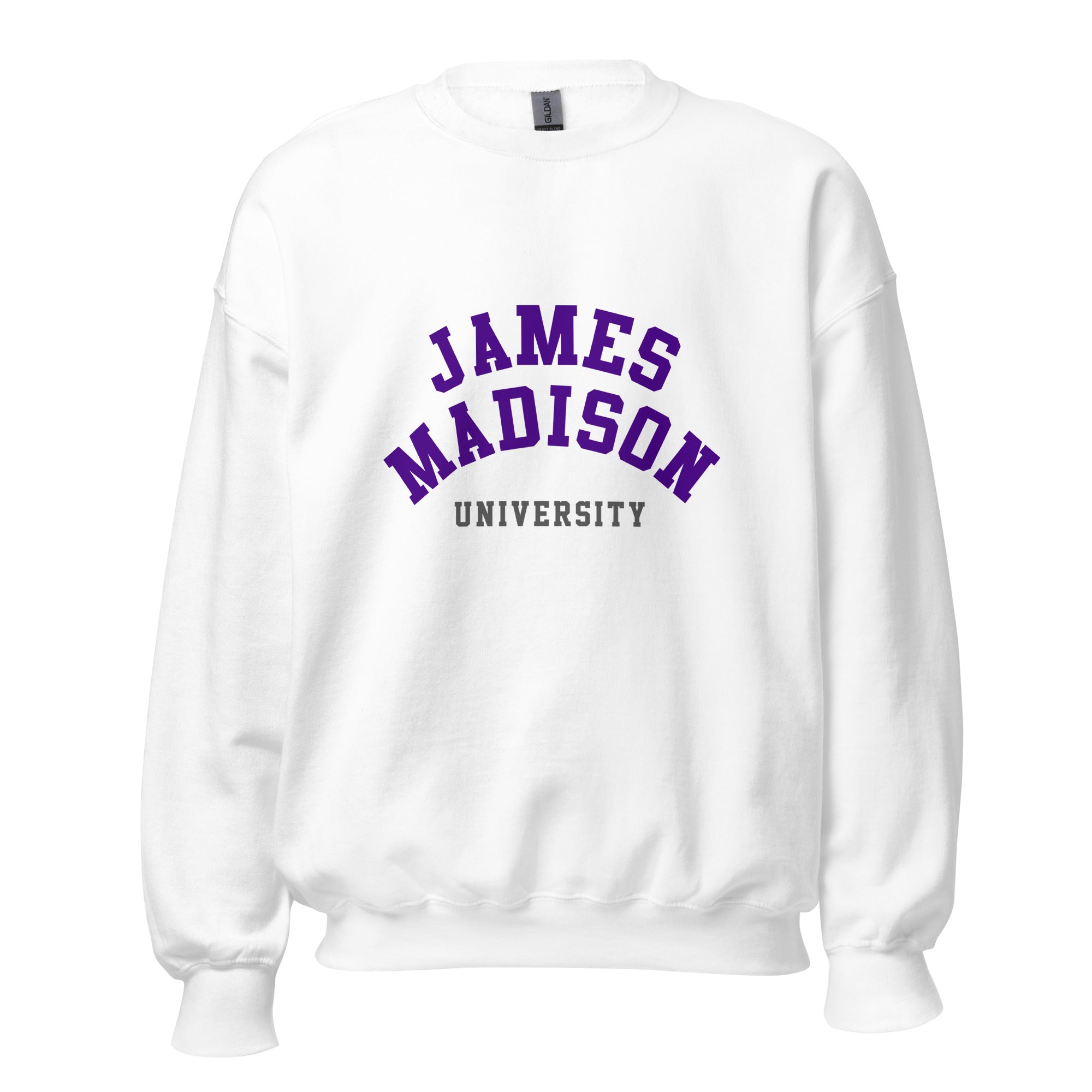 Unisex heather gray sweatshirt featuring James Madison University logo printed across the front chest
