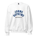 Unisex heather gray sweatshirt featuring Johns Hopkins University logo printed across the front chest