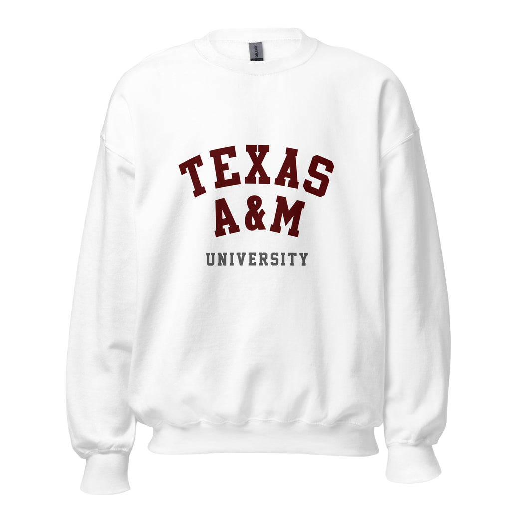 Unisex heather gray sweatshirt featuring Texas A&M University logo printed across the front chest