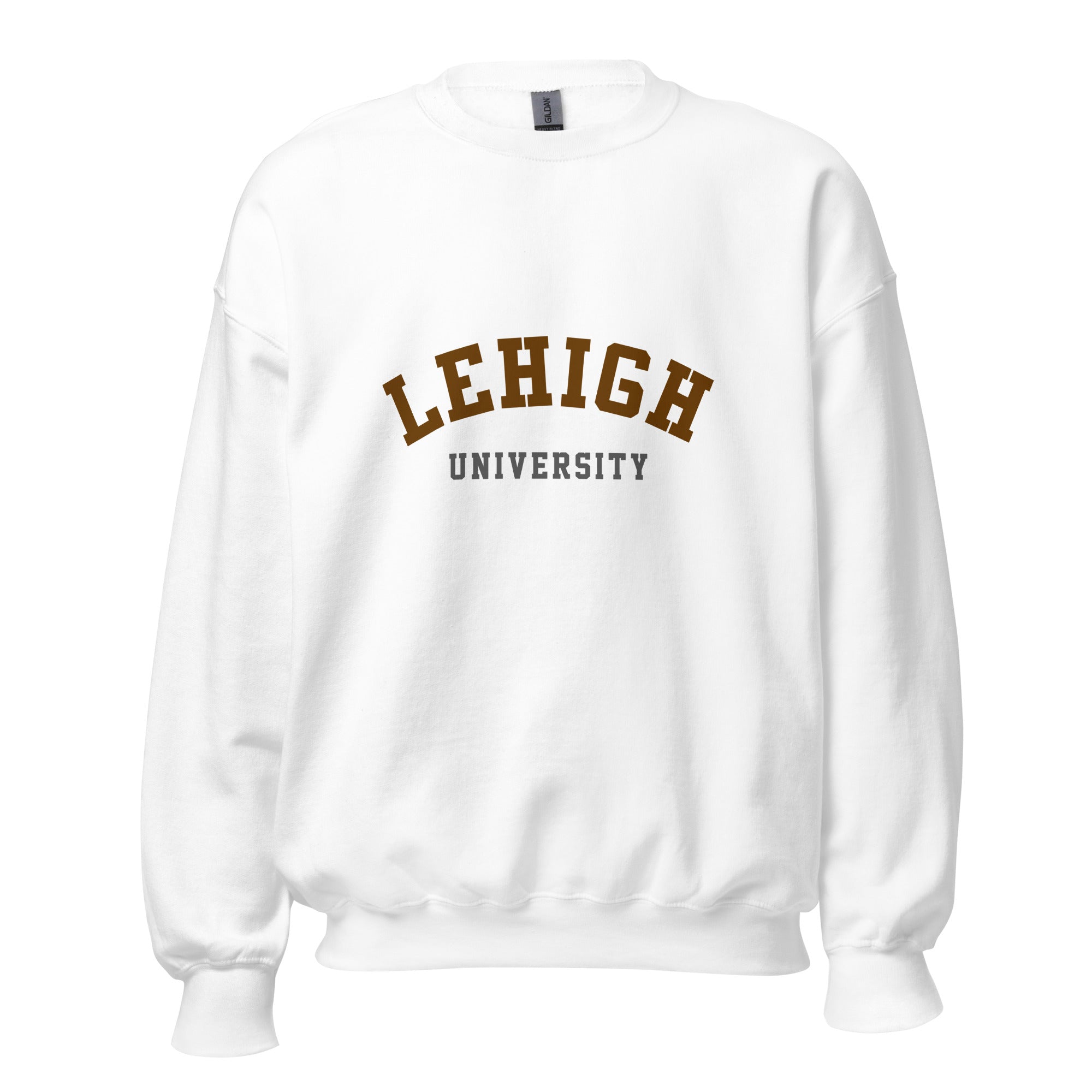 Unisex heather gray sweatshirt featuring Lehigh University logo printed across the front chest