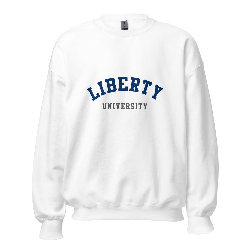 Unisex heather gray sweatshirt featuring Liberty University logo printed across the front chest