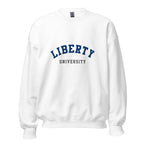 Unisex heather gray sweatshirt featuring Liberty University logo printed across the front chest