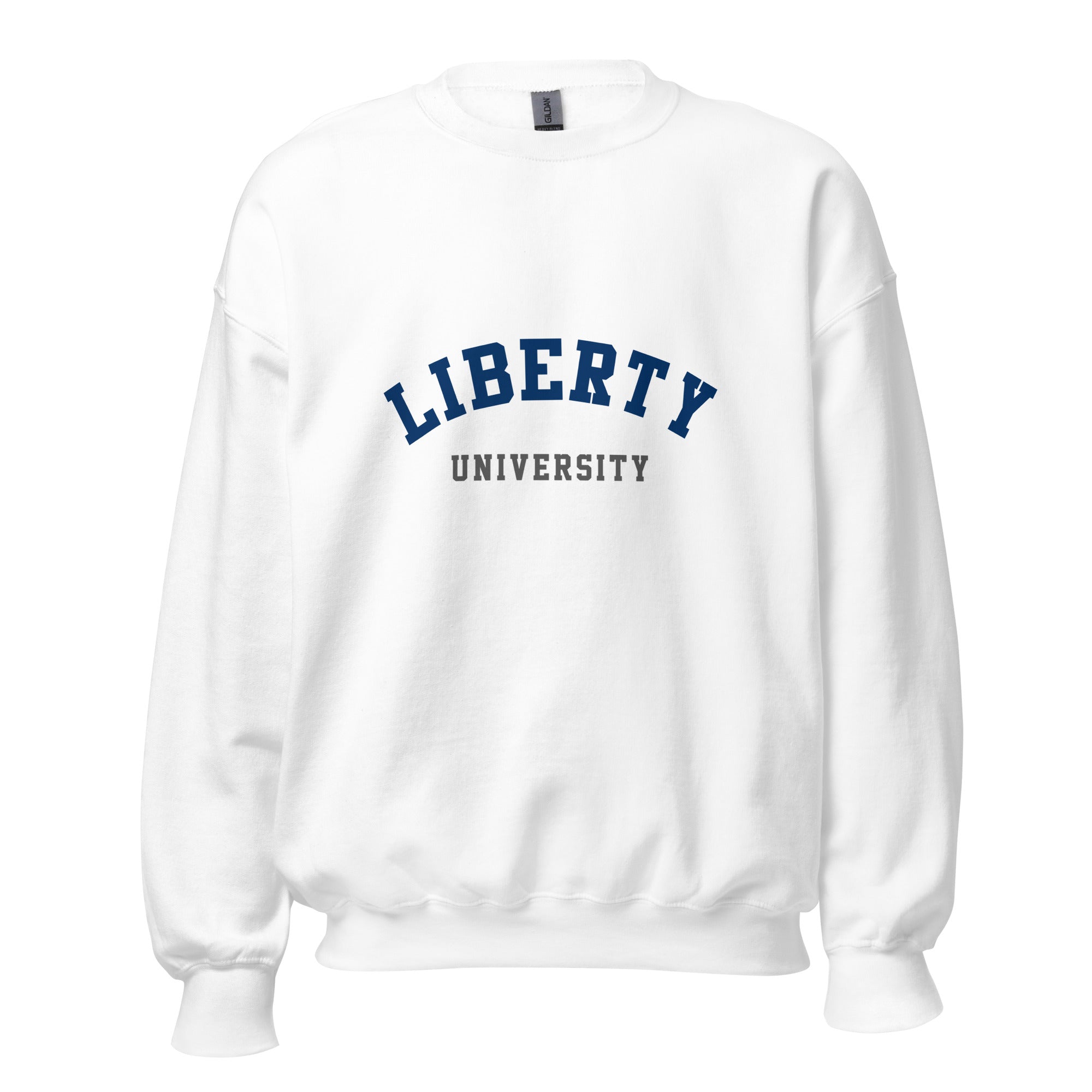 Unisex heather gray sweatshirt featuring Liberty University logo printed across the front chest