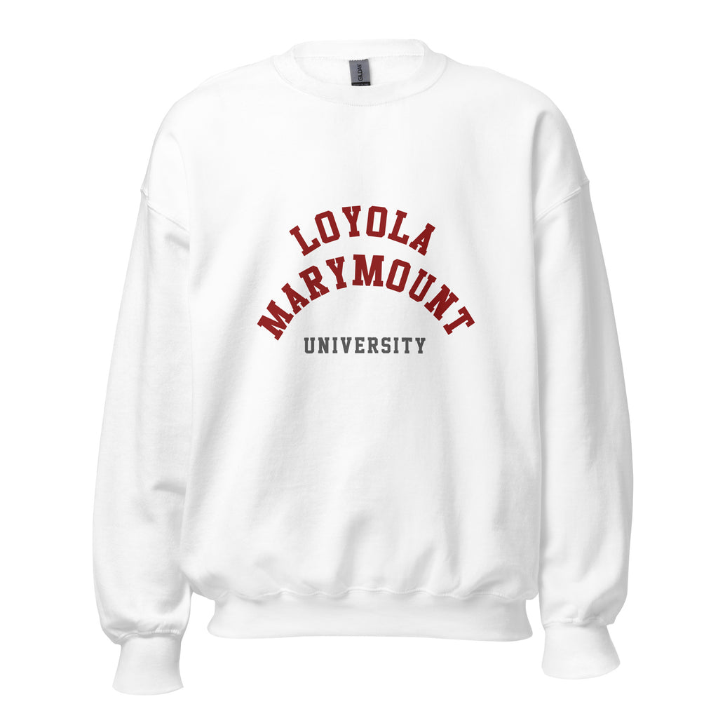 Unisex heather gray sweatshirt featuring Loyola Marymount University logo printed across the front chest