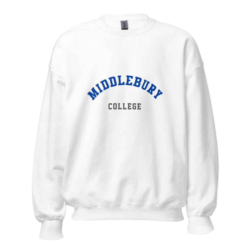 Unisex heather gray sweatshirt featuring Middlebury College logo printed across the front chest