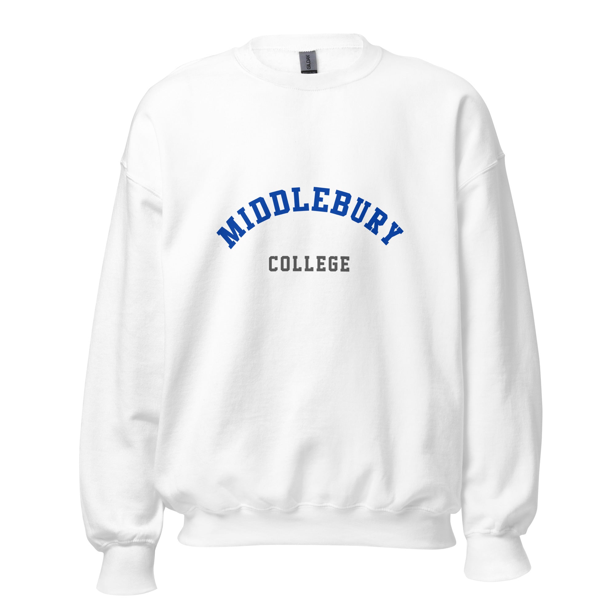 Unisex heather gray sweatshirt featuring Middlebury College logo printed across the front chest