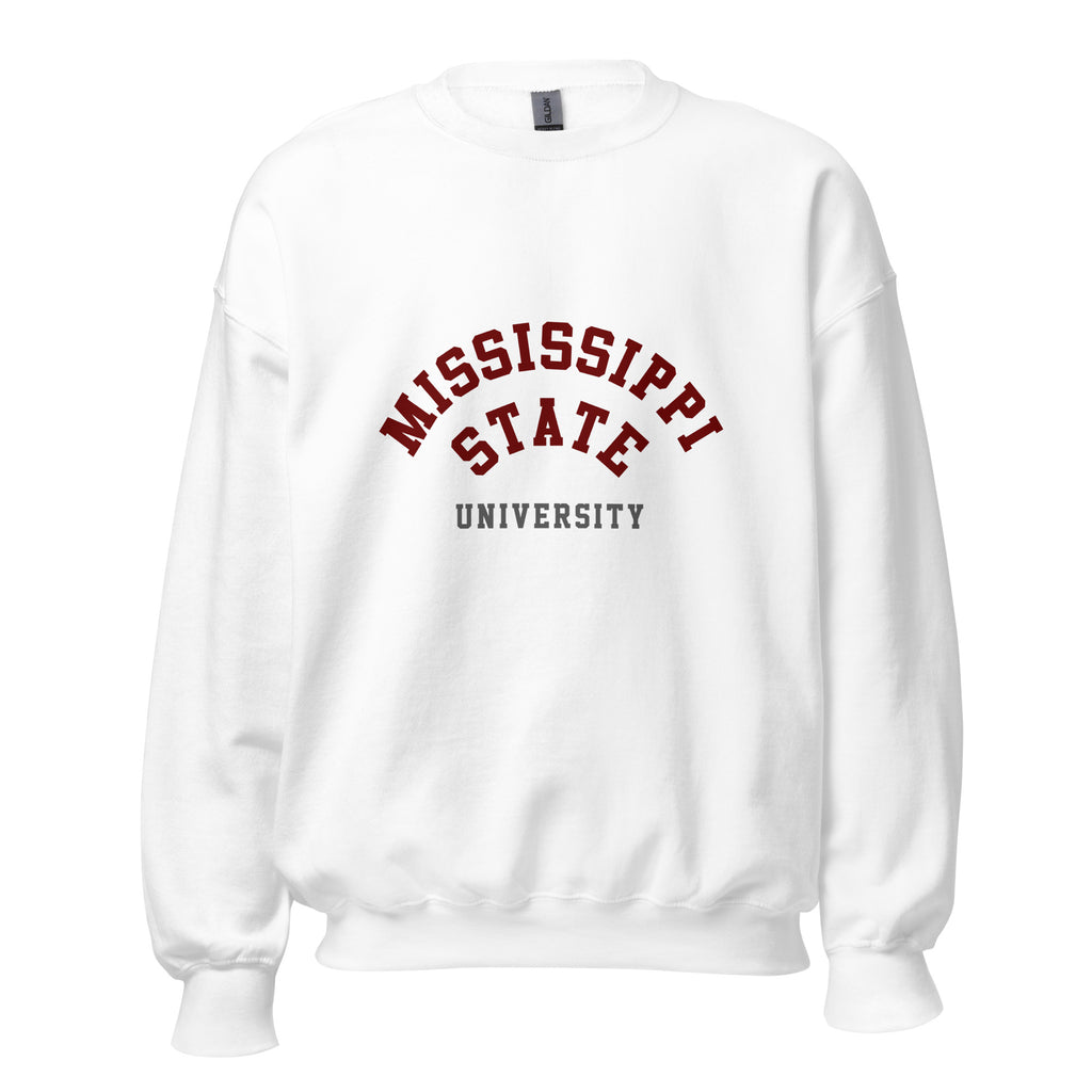 Unisex heather gray sweatshirt featuring Mississippi State University logo printed across the front chest